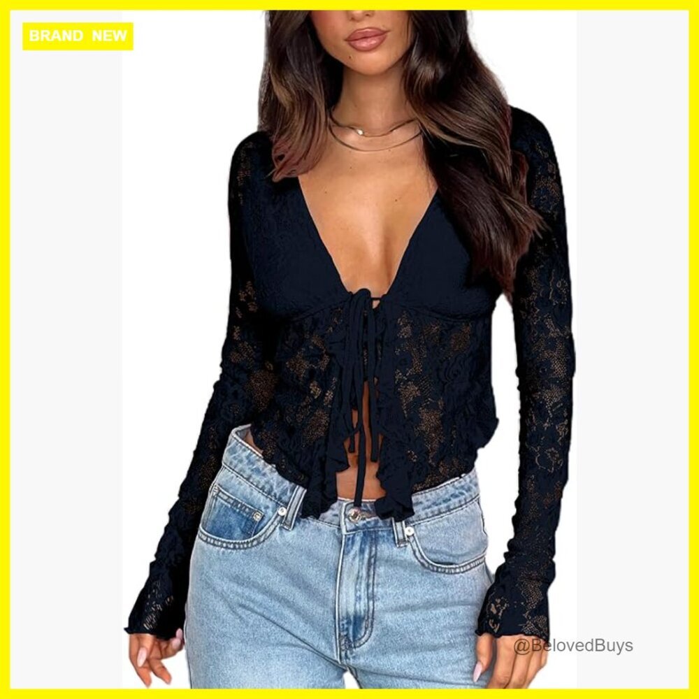 Long Sleeve Sheer Mesh Lace Crop Top with Ruffle Trim and Tie Front